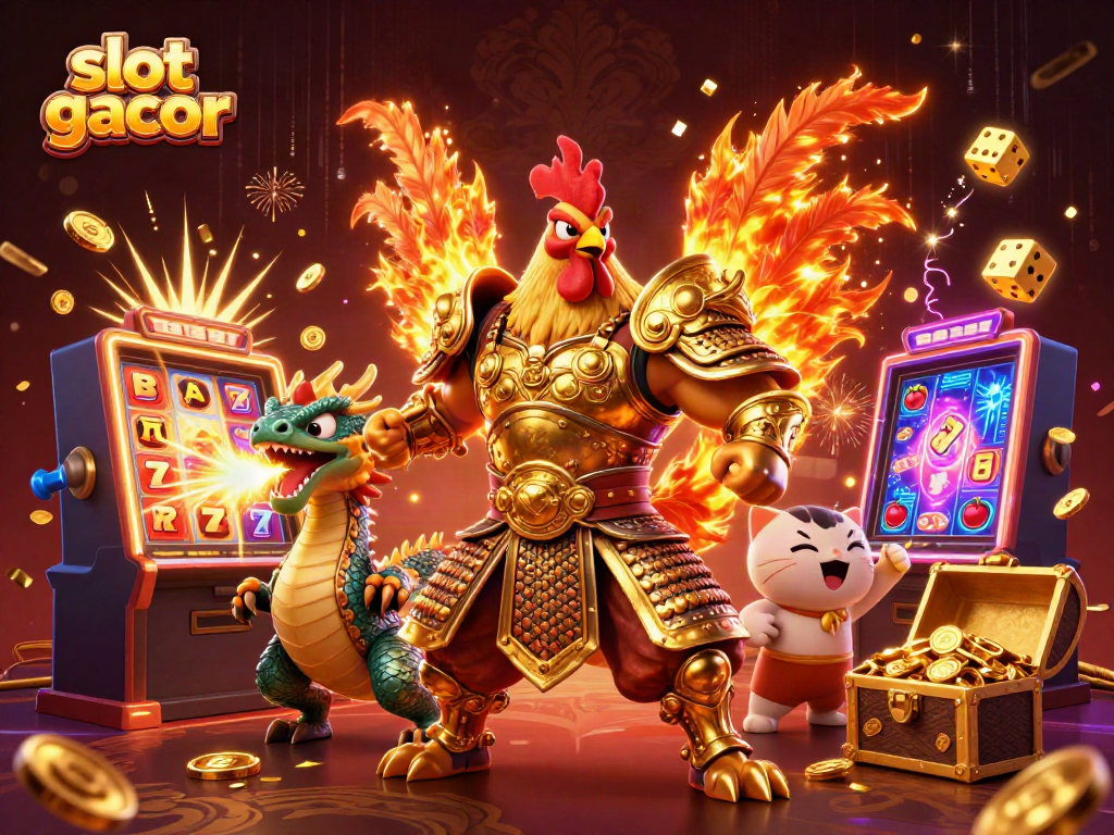Engage with the slot gacor experience through this dynamic scene featuring warrior characters, slot machines, and casino symbols.