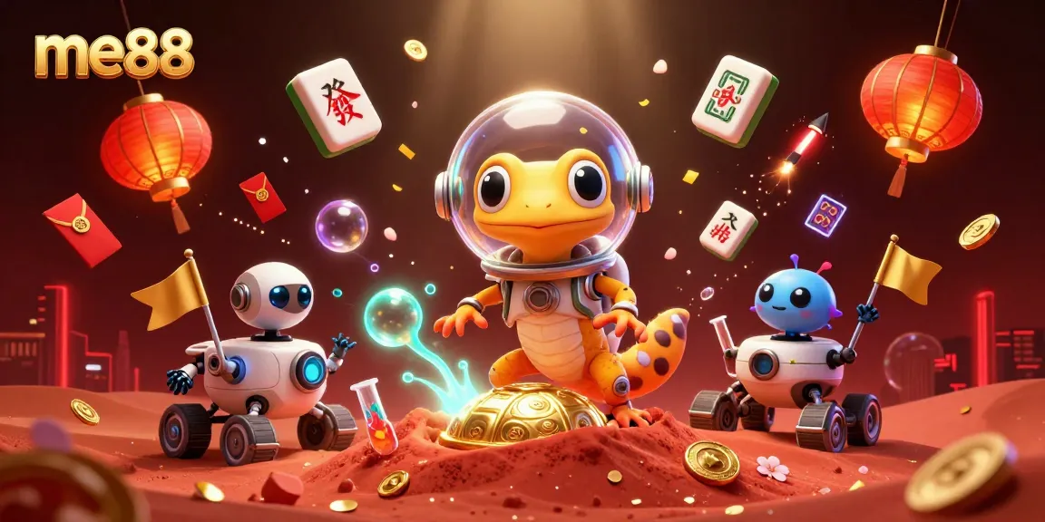 Experience me88: A Martian gecko explores a golden casino amid glowing gambling elements.