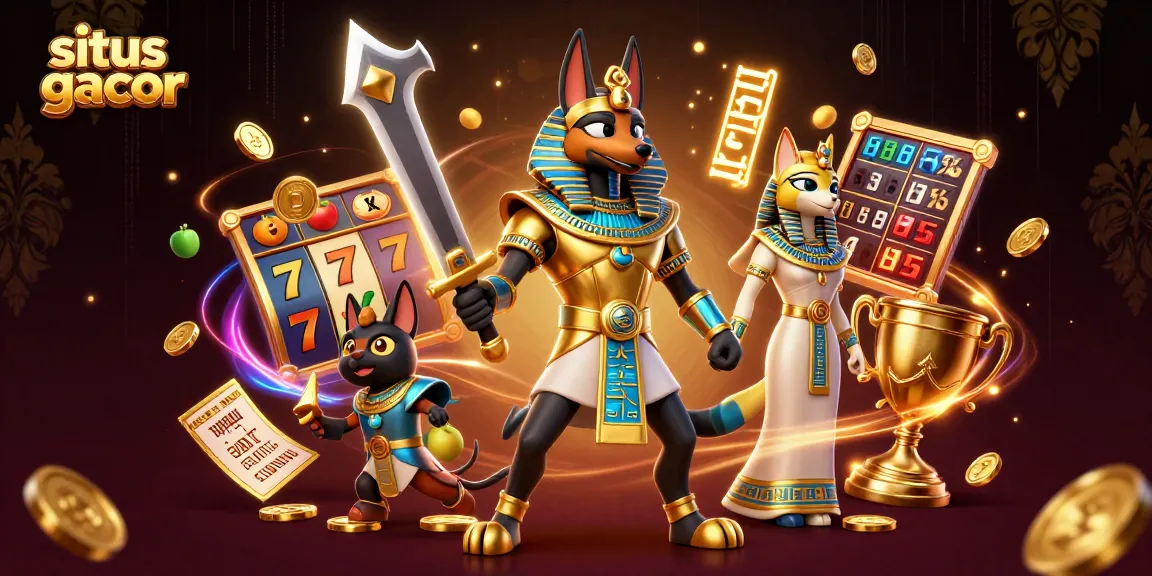 Menghadapi jackpot dengan situs gacor, Anubis dan Bastet dikelilingi simbol slot berkilau.