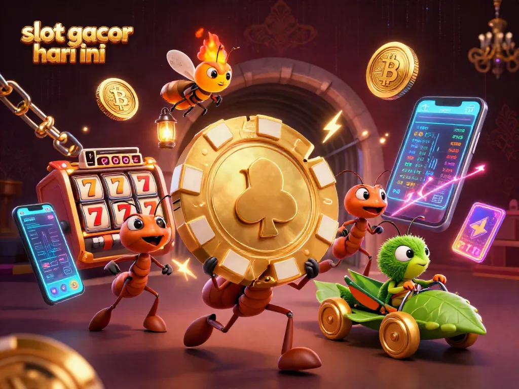 Engage in slot gacor hari ini with ants heist carrying a giant poker chip amidst mesmerizing casino elements.