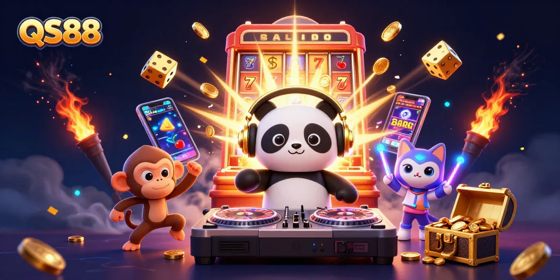 Join the exciting QS88 casino adventure with vibrant slot machines and playful characters!