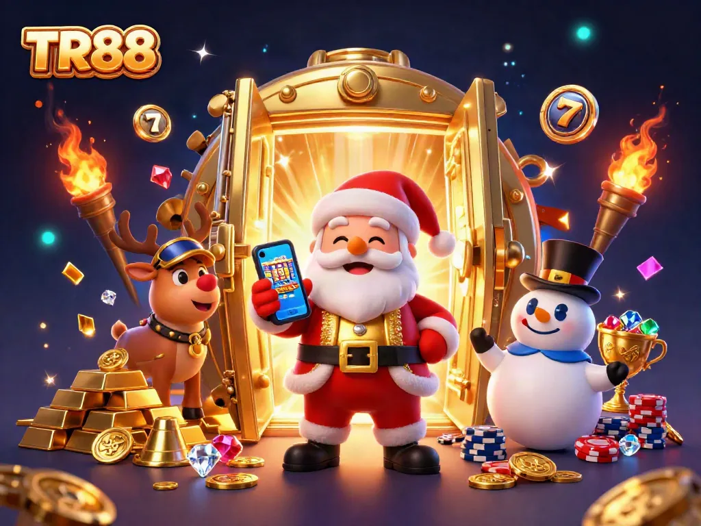 Experience the thrill of TR88 slots with Santa Claus, his reindeer, and a poker chip snowman!