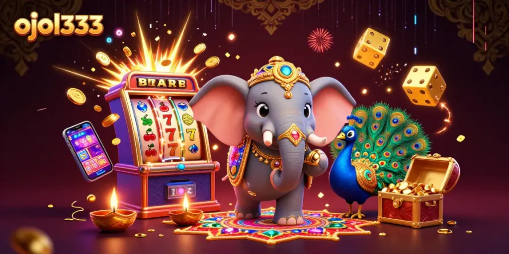 Experience the thrill of ojol333 with vibrant slot machines and festive characters.