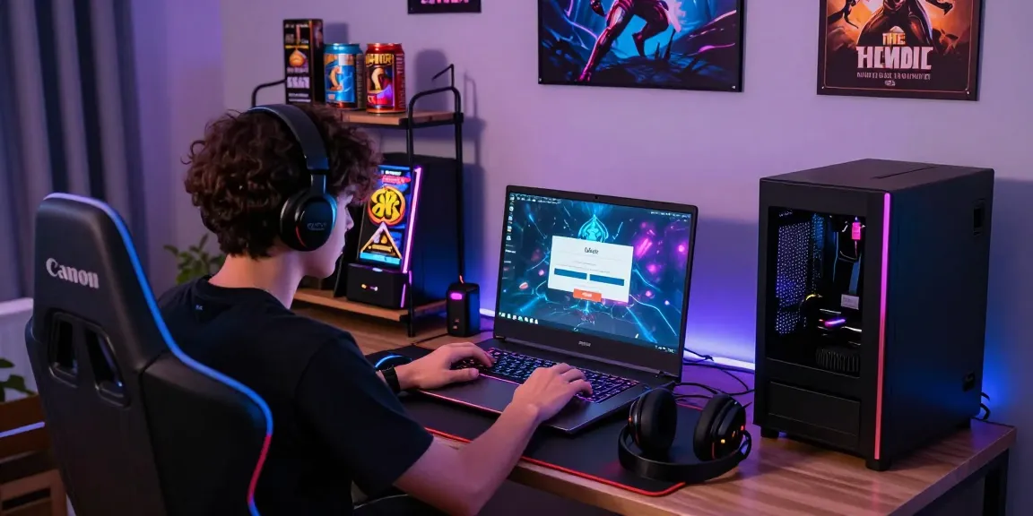 Exciting gaming setup featuring Login Cemeslot Resmi on laptop screen, colorful RGB lighting, and gaming accessories.