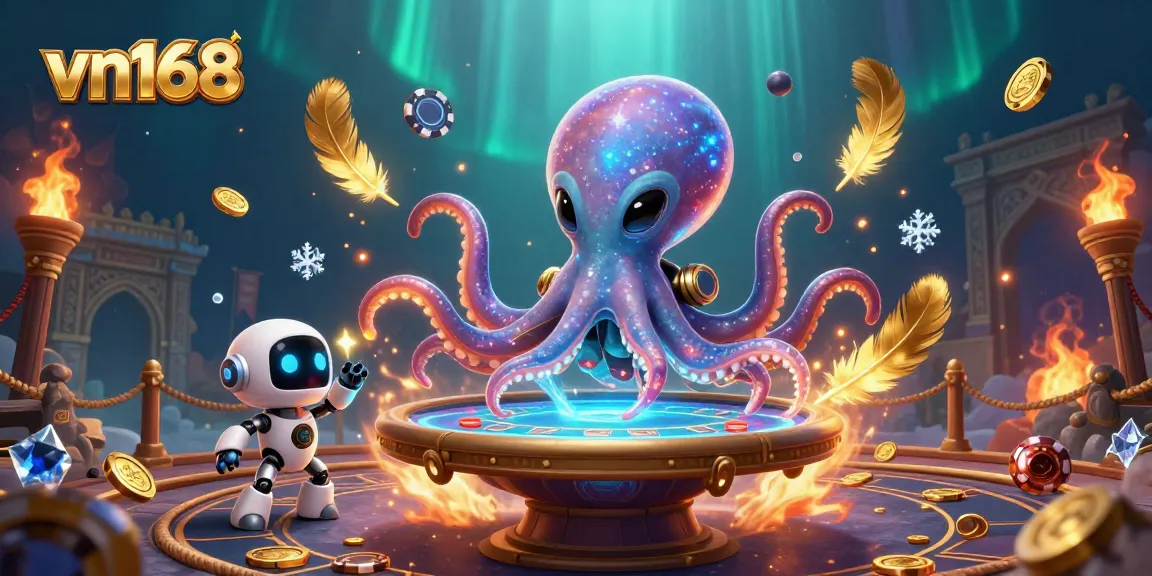 Join the excitement of vn168 as a cartoon octopus plays poker in an otherworldly casino.