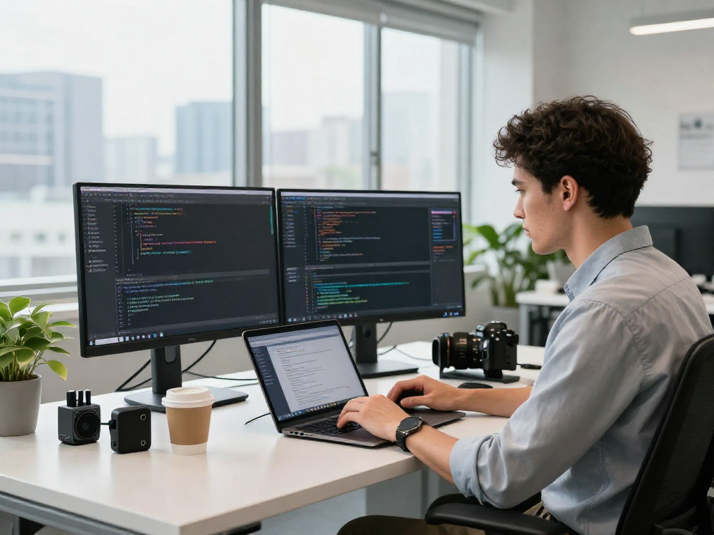 Ruang kerja teknologi dengan programmer yang fokus pada wifi4d dan kinerja perangkat lunak.
