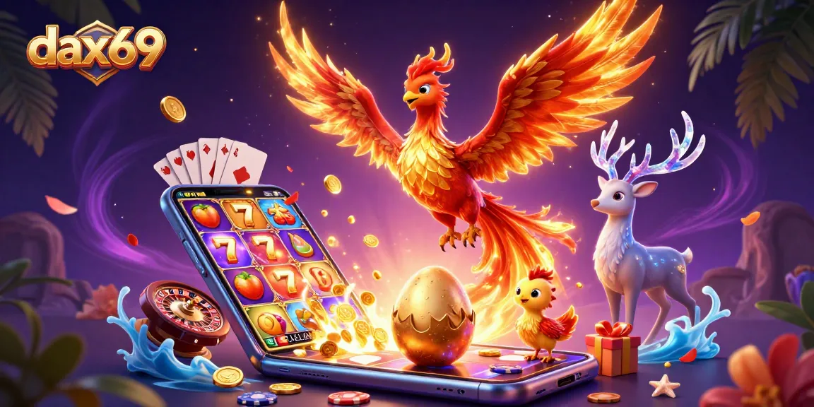 Dax69 menyajikan permainan slot mengasyikkan dengan simbol keberuntungan bertaburan dan karakter dalam ilustrasi kasino 3D.