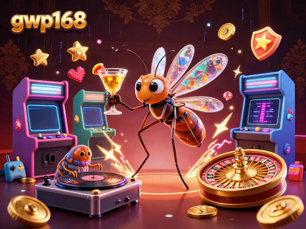 GWP168, menampilkan maskot kasino yang unik dengan latar belakang permainan arcade, menciptakan suasana menyenangkan.