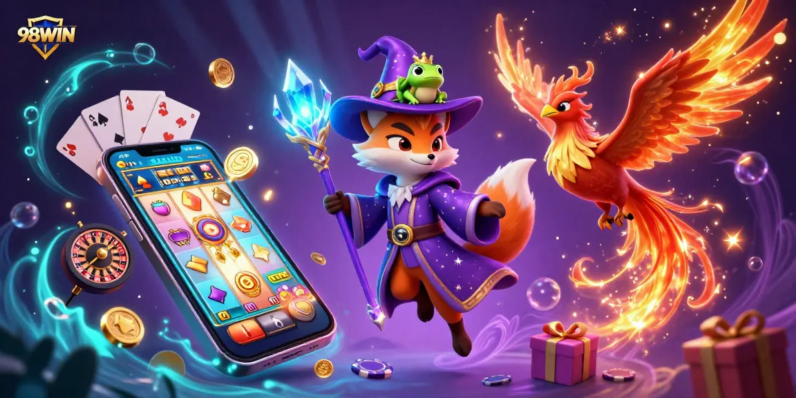 Experience thrilling gameplay with 98WIN as a wizard fox guides you through dynamic casino adventures.