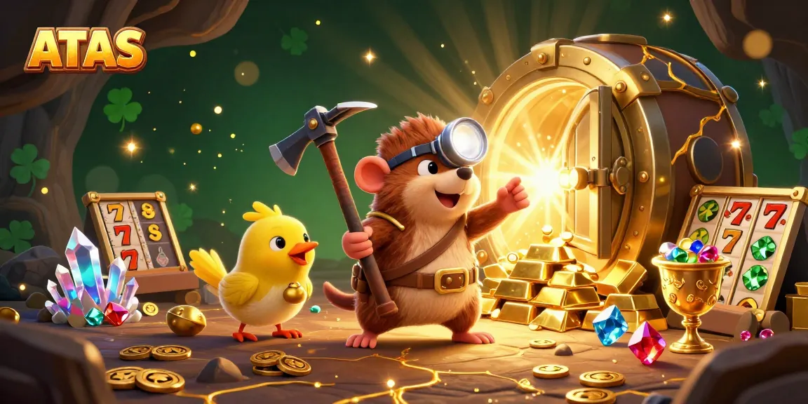 Engage with ATAS's vibrant gaming scene featuring a mole and canary among a wealth of slot reels.