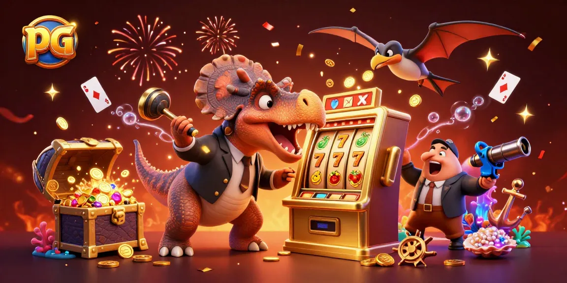 Experience pg winning moments with a pachycephalosaurus celebrating a jackpot from a golden slot machine.