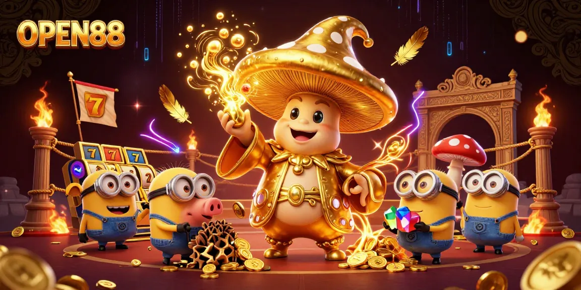 Experience the magic of OPEN88 with a whimsical scene featuring a golden wizard and treasure-hunting companions.