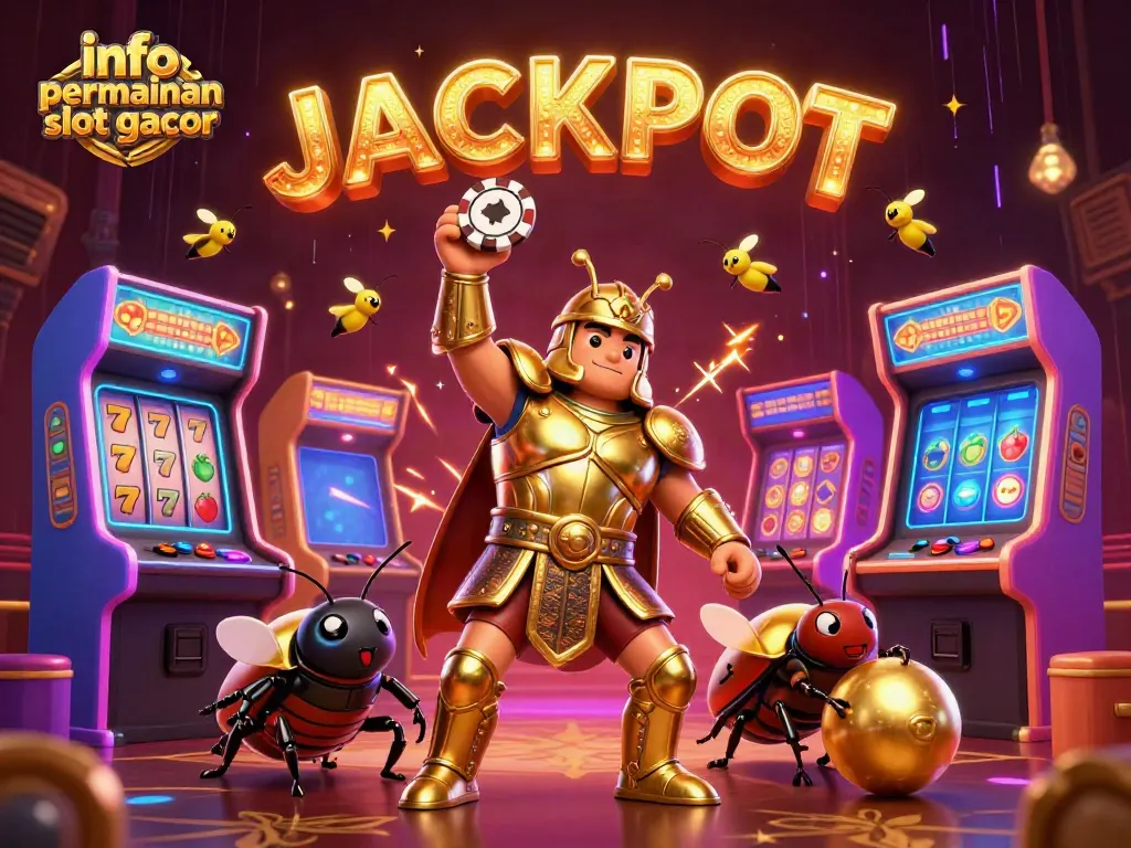 Gambar info permainan slot gacor dengan karakter yang menang dan mesin slot berkilau yang menghiasi latar