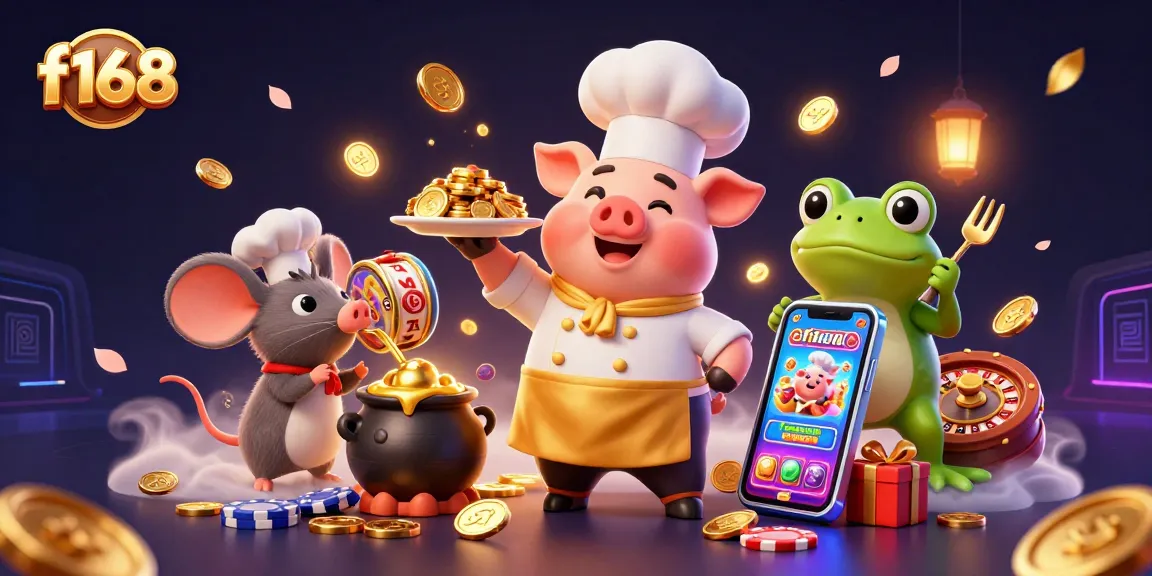 Experience winning strategies at f168 with a chef pig serving golden coins amidst vibrant casino elements.