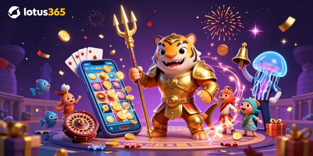 Join the action with lotus365 as the tiger shark battles in an underwater casino arena with colorful games.