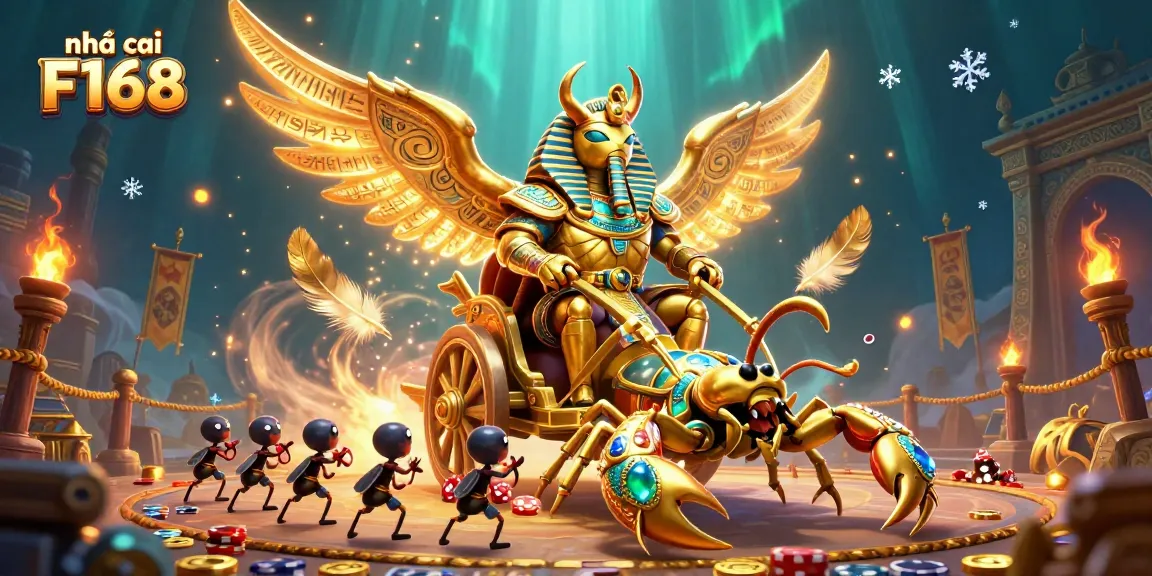 Engage with thrilling games at nhà cái F168 featuring a vibrant 3D scene of an ancient pharaoh theme.