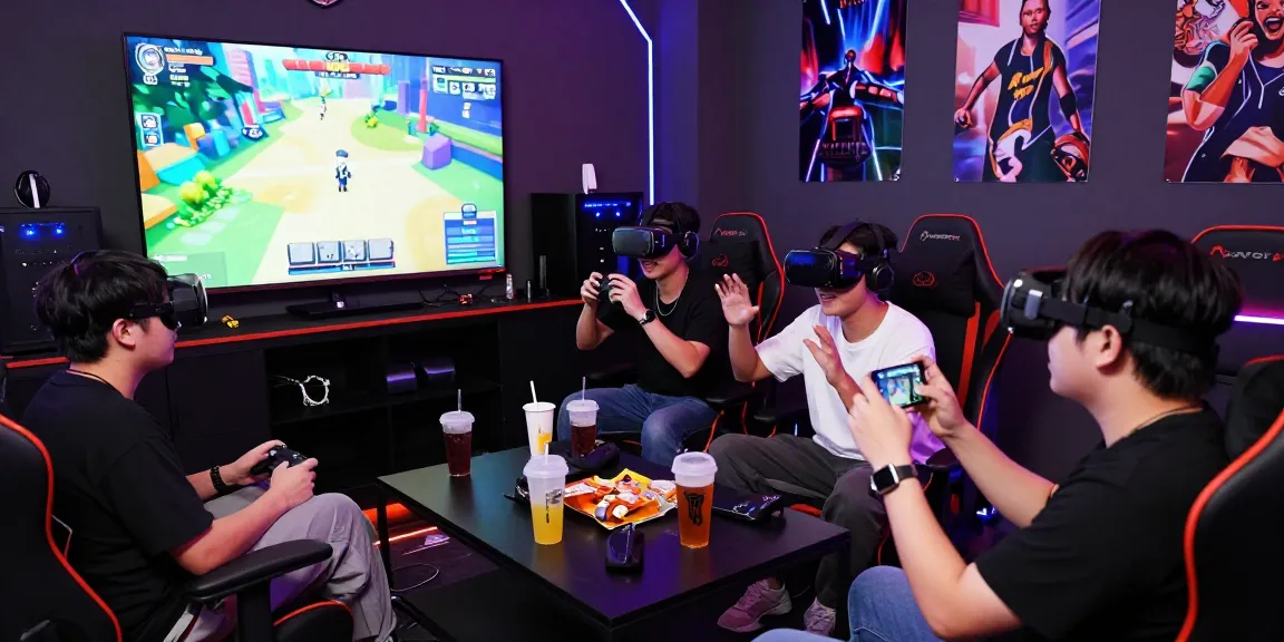 Kelompok pemain sedang bermain terjun4d di lounge gaming dengan suasana yang energik.