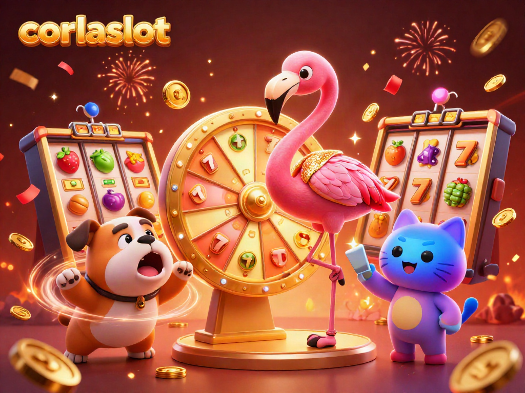Catch the excitement at corlaslot with vibrant 3D characters spinning a golden prize wheel surrounded by slot elements.
