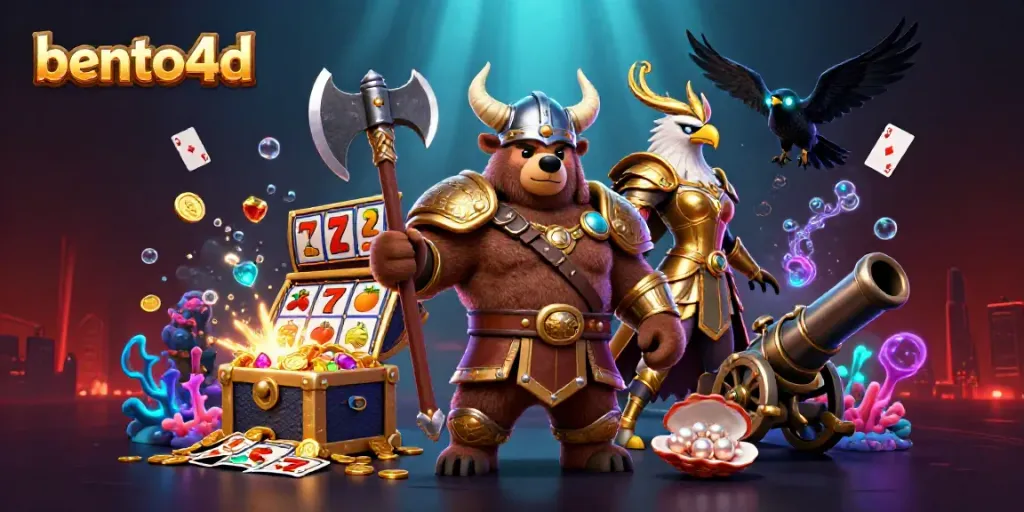 Engage with bento4d through a vibrant 3D scene featuring a Viking berserker and slot game elements.
