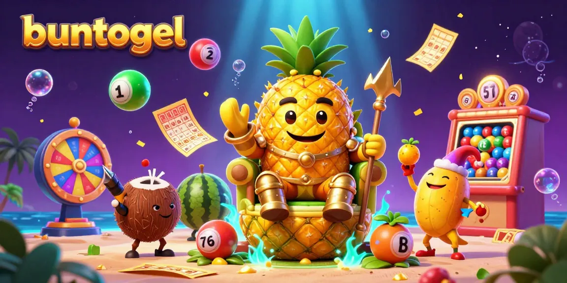 Buntogel showcases vibrant 3D casino elements with a golden pineapple king, lottery balls, and dramatic effects.