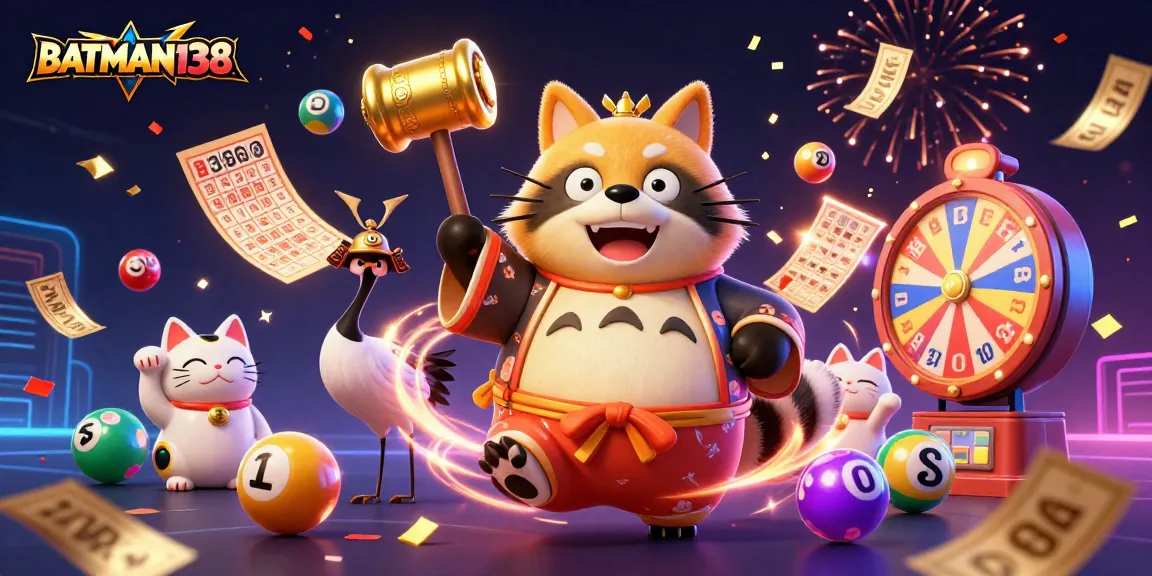 Engage with BATMAN138 as colorful lottery balls bounce amid cheerful cartoon characters in a dynamic casino scene.