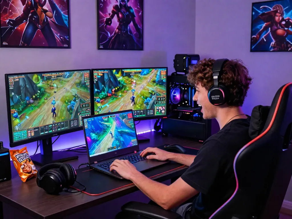 Seorang gamer sedang menikmati permainan diana4d dengan laptop gaming dan perangkat RGB di ruang permainan yang menarik.