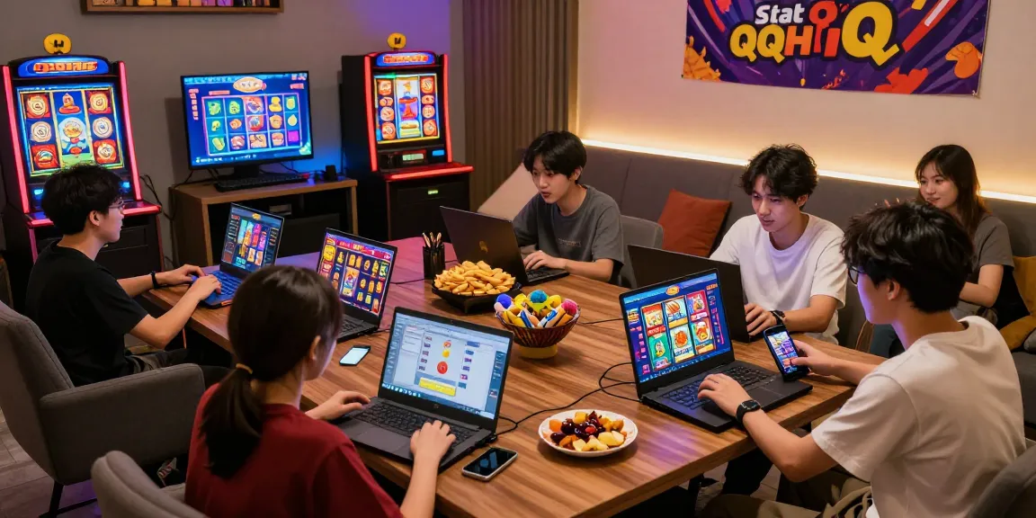 Players enjoying exciting games on situs SlotQQ QQHOLIC, showcasing vibrant slot graphics in a cozy gaming room.