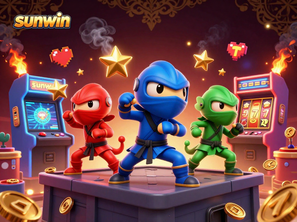 Experience thrilling gameplay with sunwin's vibrant 3D illustration of ninja chameleons amidst winning jackpots.