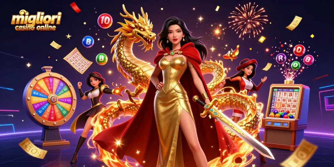 Scena coinvolgente che evidenzia i migliori casino online con vivaci elementi di lotteria e una regina guerriera.