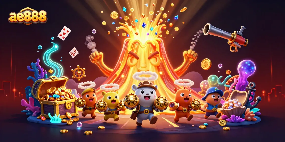 Engage with thrilling ae888 gaming experience, as vibrant characters celebrate treasure amidst casino elements.