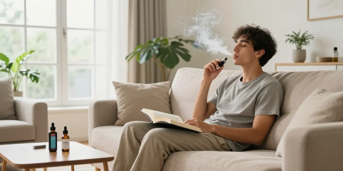 Can you vape in Cyprus? Enjoying natural wellness with CBD oil and vape device in a bright, serene living room.