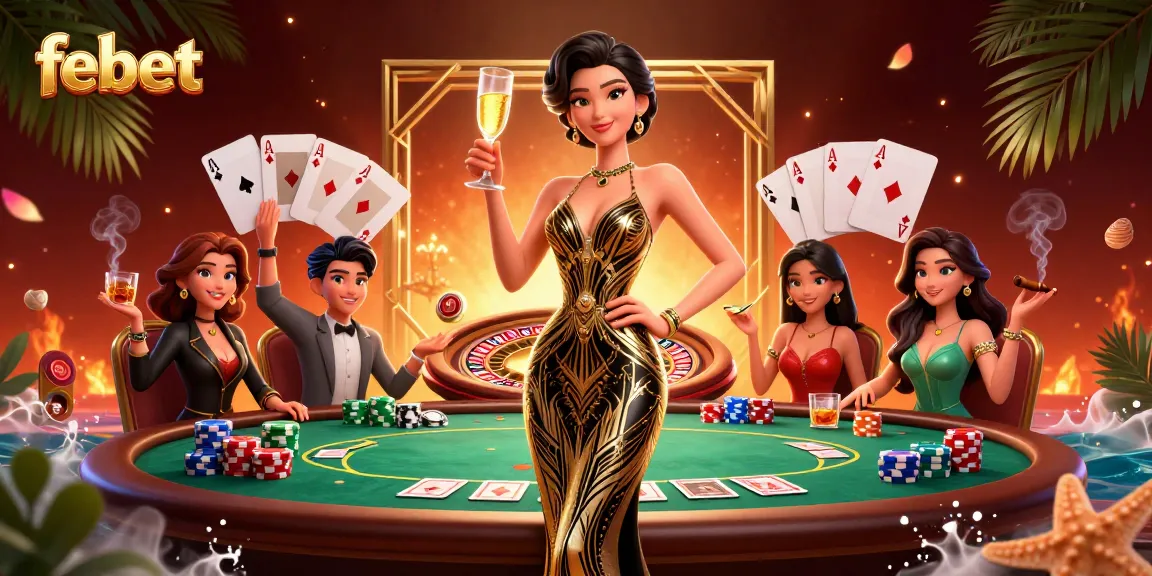 Bet on febet with an elegant Asian woman amidst vibrant casino elements and luxury decor.