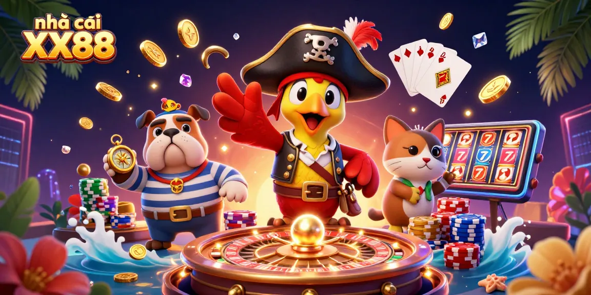 Engage with the thrilling world of nhà cái XX88 as parrot captain navigates a sea of dazzling game elements.
