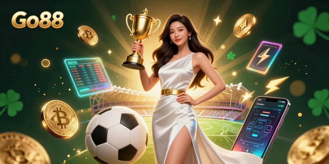Engage with Go88, a vibrant casino illustration featuring a victorious lady amid sports betting and crypto elements.