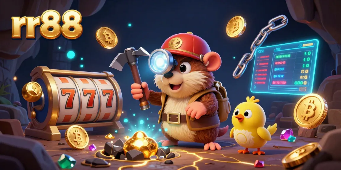 Experience the thrill of rr88 with a vibrant 3D illustration of treasure hunting and casino games.