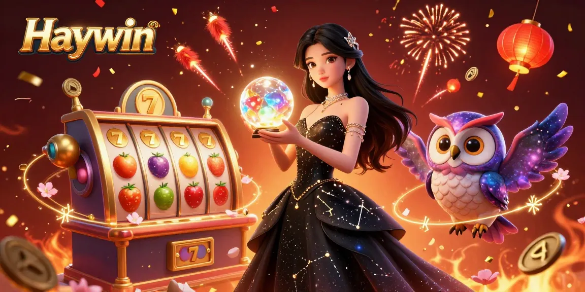 Experience Haywin's vibrant casino atmosphere with spinning slot reels and a mystical scene.