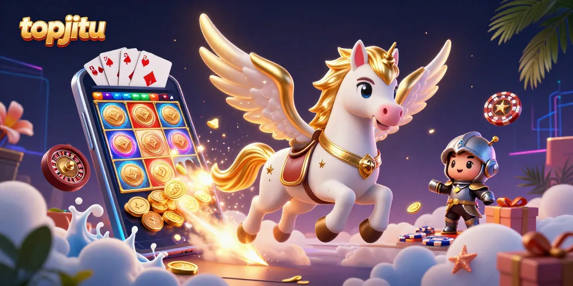 Play games on topjitu and win prizes with a vibrant 3D casino scene featuring characters and colorful gambling elements.