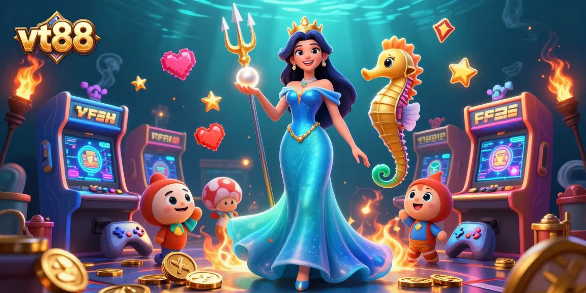 Experience thrilling gameplay with vt88, featuring a woman in a gown and a seahorse king amidst casino-themed elements.