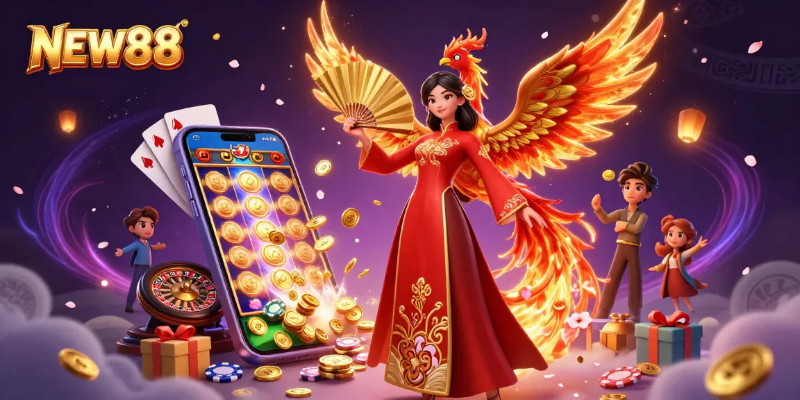 Experience the excitement of NEW88 with a vibrant 3D casino illustration, featuring dynamic gaming elements.