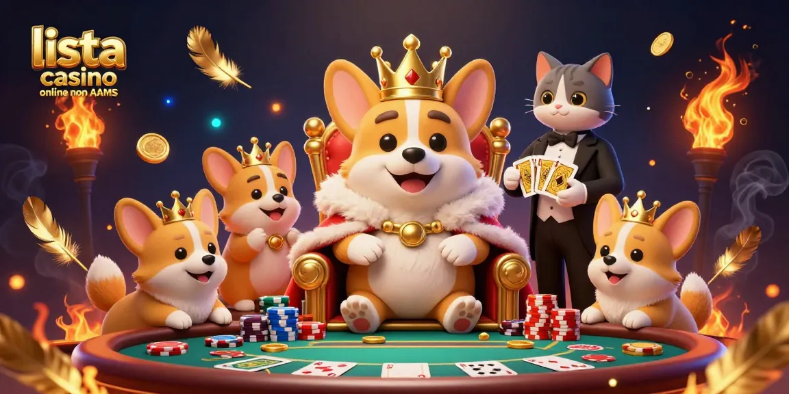 Interagisci con la lista dei casino online non AAMS che presenta un corgi reale su un trono di fiches da poker in una vivace scena di casinò.