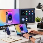 Tech enthusiast exploring features of the iPhone 17 in a modern workspace filled with tech gadgets and bright natural light.