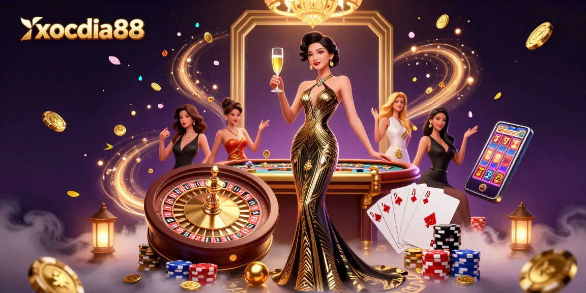 Xocdia88 showcases thrilling gameplay with a glamorous scene of an elegant woman celebrating a big win.