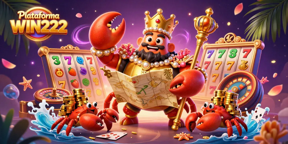 Experience thrilling gameplay with Plataforma WIN222 featuring a golden crab emperor in a vibrant casino illustration.