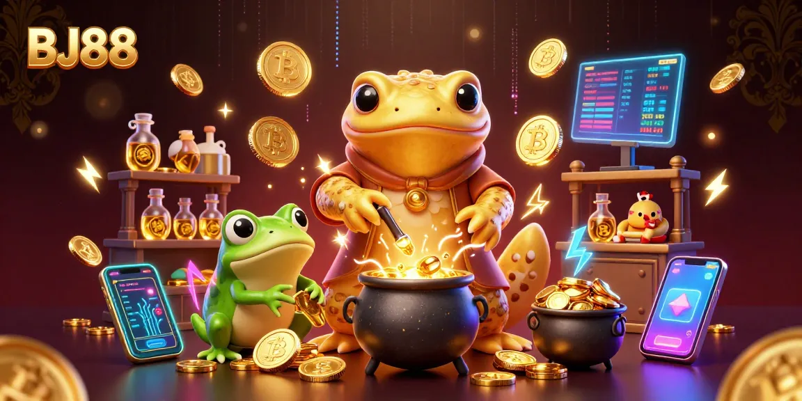 Engage with BJ88’s vibrant 3D scene showcasing a golden alchemist and crypto elements in an exciting casino atmosphere.