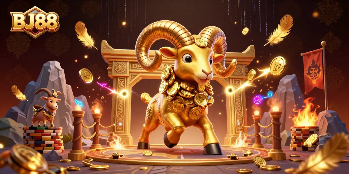 BJ88 betting scene featuring a golden ram charging through a dynamic gambling arena.