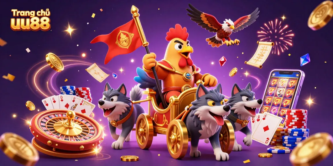 Experience the excitement of Trang chủ uu88 with dynamic characters and casino elements in this 3D illustration.