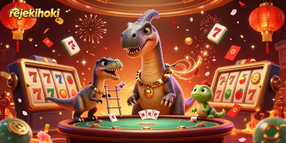 Rejekihoki casino scene with a giant brontosaurus and clever raptor dealing cards, showcasing rich gaming elements.