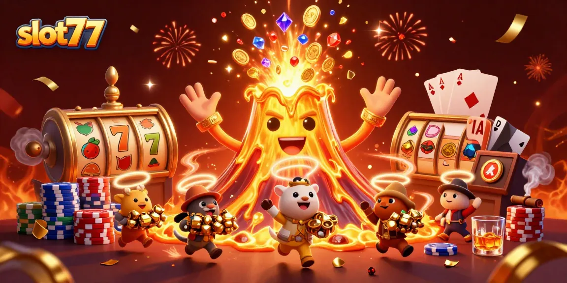 Experience the thrill of slot77 with a triumphant volcano, coins erupting, and wild celebration.