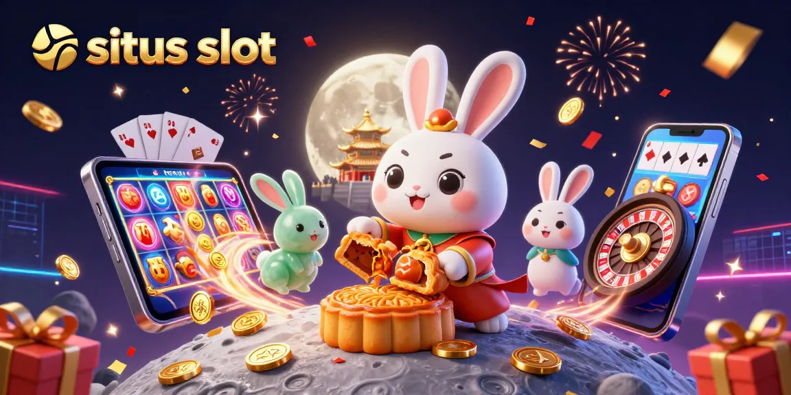Engage with situs slot action as the moon rabbit reveals poker chips inside mooncakes amidst colorful casino elements.
