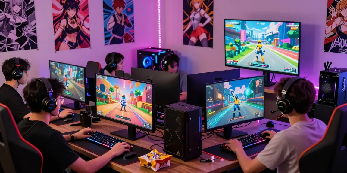 Enthusiastic players engaged in hentai games with vibrant graphics and gaming gear in a cozy environment.